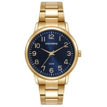 Relógio Mondaine Masculino Dourado Social Minimalista Visor Azul com Numeração completa Á prova D'água 99896GPMVDE2