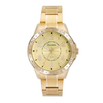 Relógio Mondaine Masculino Dourado Todo Numerado Visor Champanhe Texturizado com Taquímetro Á Prova d'água 32551GPMVDE1