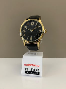 Relógio Mondaine Masculino Dourado Todo Numerado Visor Preto Pulseira de Couro Á Prova d'água 99626GPMVDH2