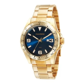 Relógio Mondaine Masculino Dourado Visor Azul Turquesa com Calendário e Taquímetro Á Prova d'água 32330GPMVDE1