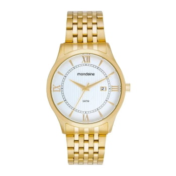 Relógio Mondaine Masculino Dourado Visor Branco com Números Romanos e calendário Á Prova D'água 99806GPMVDE1