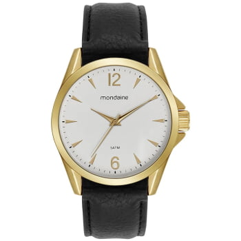 Relógio Mondaine Masculino Dourado Visor Branco Pulseira em Couro Preta Á Prova d'água 99740GPMVDH2 Relógio Mondaine Masculino Dourado Visor Branco Pulseira em Couro Preta Á Prova d'água 99740GPMVDH2