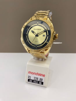 Relógio Mondaine Masculino Dourado Visor Champanhe com Calendário e Taquímetro Á Prova D'água 32544GPMVDE1