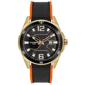 Relógio Mondaine Masculino Dourado Visor com Calendário com Pulseira em Silicone Preta e Laranja Á Prova d'água 32563GPMVDI1