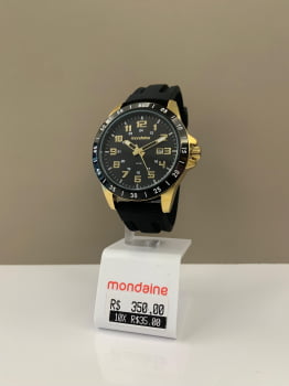 Relógio Mondaine Masculino Dourado Visor Preto Calendário Taquímetro com Pulseira em Silicone Á Prova d'água 99813GPMVHI4