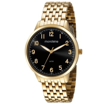 Relógio Mondaine Masculino Dourado Visor Preto com Numeração completa Minimalista Á Prova d'água 99590GPMVDA3