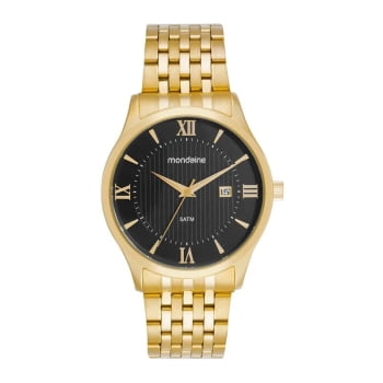Relógio Mondaine Masculino Dourado Visor Preto com Números Romanos e calendário Á Prova D'água 99806GPMVDE2