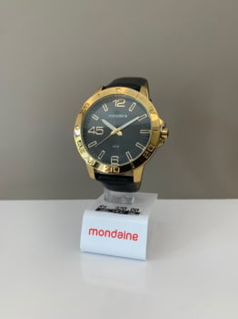 Relógio Mondaine Masculino Dourado Visor Preto Pulseira em Couro Preta Á Prova D'água 99692GPMVDH2