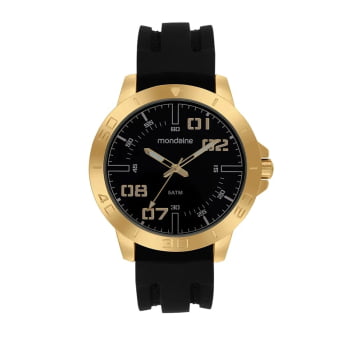 Relógio Mondaine Masculino Dourado Visor Preto Taquímetro com Pulseira em Silicone Á Prova d'água 99786GPMVDI1