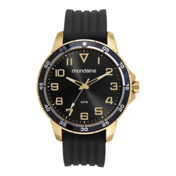 Relógio Mondaine Masculino Dourado Visor Preto Todo Numerado Com Taquímetro Pulseira em Silicone Preta Á Prova d'água 99732GPMVDI1 Relógio Mondaine Masculino Dourado Visor Preto Todo Numerado Com Taquímetro Pulseira em Silicone Preta Á Prova d'água 99732GPMVDI1