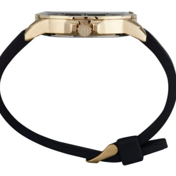 Relógio Mondaine Masculino Dourado Visor Preto Todo Numerado Com Taquímetro Pulseira em Silicone Preta Á Prova d'água 99732GPMVDI1