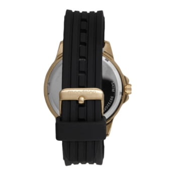 Relógio Mondaine Masculino Dourado Visor Preto Todo Numerado Com Taquímetro Pulseira em Silicone Preta Á Prova d'água 99732GPMVDI1