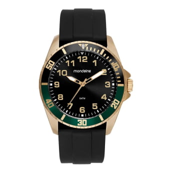 Relógio Mondaine Masculino Dourado Visor Preto Todo Numerado Com Taquímetro Pulseira em Silicone Preta Á Prova d'água 99836GPMVDI4