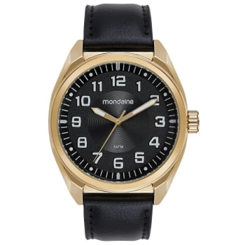Relógio Mondaine Masculino Dourado Visor Preto Todo Numerado Pulseira em Couro Preta Á Prova d'água 99809GPMVDH3 Relógio Mondaine Masculino Dourado Visor Preto Todo Numerado Pulseira em Couro Preta Á Prova d'água 99809GPMVDH3