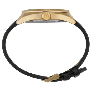 Relógio Mondaine Masculino Dourado Visor Preto Todo Numerado Pulseira em Couro Preta Á Prova d'água 99809GPMVDH3