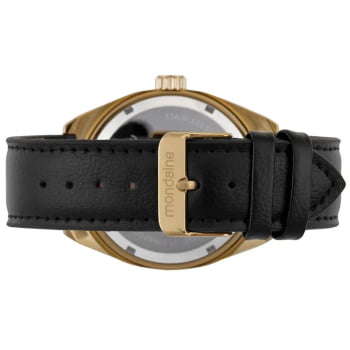 Relógio Mondaine Masculino Dourado Visor Preto Todo Numerado Pulseira em Couro Preta Á Prova d'água 99809GPMVDH3