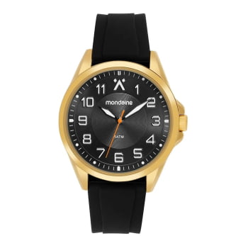 Relógio Mondaine Masculino Dourado Visor Preto Todo Numerado Pulseira em Silicone Preta Á Prova d'água 83529GPMVDI1