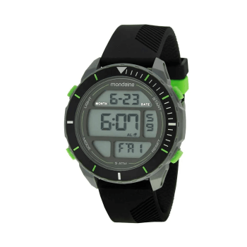 Relógio Mondaine Masculino Esportivo Digital Cinza com Detalhes Verde e Pulseira Preta em Silicone Á Prova d'água 32318G0MVNV2