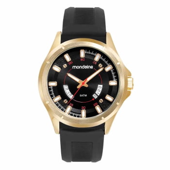 Relógio Mondaine Masculino Esportivo Dourado Visor Preto com Calendário Pulseira em Silicone á Prova D'água 83503GPMVDI1