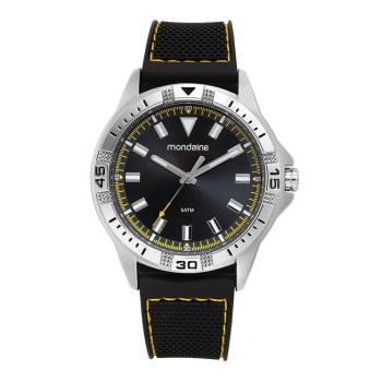 Relógio Mondaine Masculino Esportivo Prateado Visor Preto com Detalhes Amarelo Pulseira em Silicone á Prova D'água 99787G0MVNI3