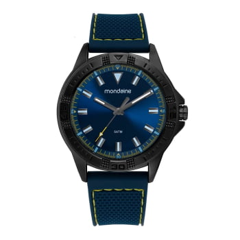 Relógio Mondaine Masculino Esportivo Preto Visor Azul Marinho com Detalhes Amarelo Pulseira em Silicone Azul á Prova D'água 99787GPMVPI1