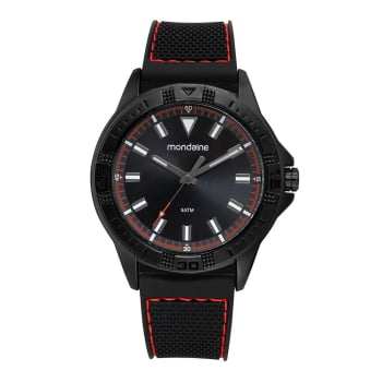 Relógio Mondaine Masculino Esportivo Preto Visor Preto com Detalhes Vermelho Pulseira em Silicone á Prova D'água 99787GPMVPI2