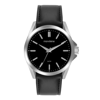 Relógio Mondaine Masculino Prateado com Pulseira em Couro Preta Á Prova D'água 99739G0MVNH3