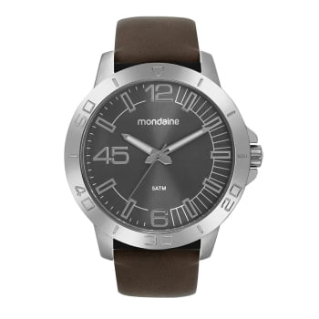 Relógio Mondaine Masculino Prata Casual Visor Cinza com Pulseira em Couro Marrom á Prova d'água 99692G0MVNH1