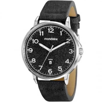 Relógio Mondaine Masculino Prata Couro Preto Calendário A prova D´água 32162G0MVNH2