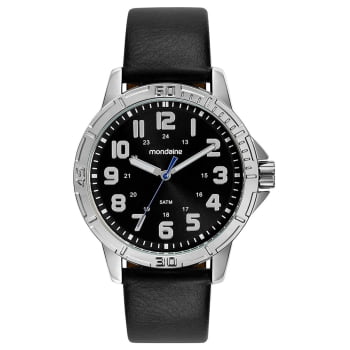 Relógio Mondaine Masculino Prateado com Pulseira em Couro e Visor Preto com Numeração completa Á Prova d'água 99592G0MVNH4