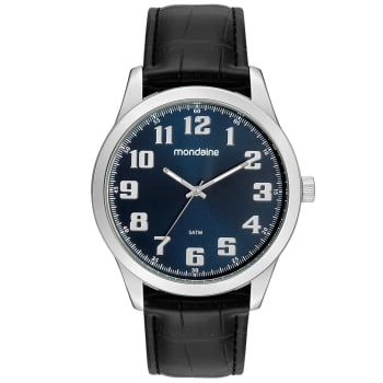 Relógio Mondaine Masculino Prateado Todo Numerado Visor Azul com Pulseira em Couro Á Prova d'água 99195G0MVNH5