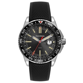 Relógio Mondaine Masculino Prata Visor Preto Lupa Calendário Pulseira em Silicone á Prova D'água 32882G0MVNI1