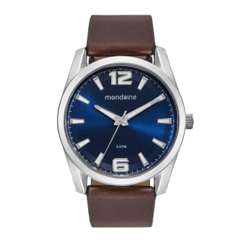 Relógio Mondaine Masculino Prateado com Pulseira em Couro e Visor Azul Á Prova d'água 76787G0MVNH2