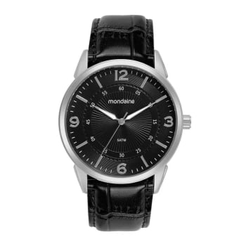 Relógio Mondaine Masculino Prateado com Pulseira em Couro e Visor Preto Á Prova d'água 99789G0MVNH1