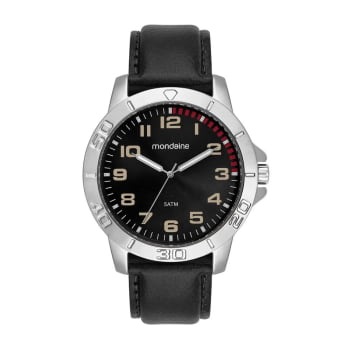 Relógio Mondaine Masculino Prateado com Pulseira em Couro e Visor Preto Possui Numeração completa  Á Prova d'água 99810G0MVNH1