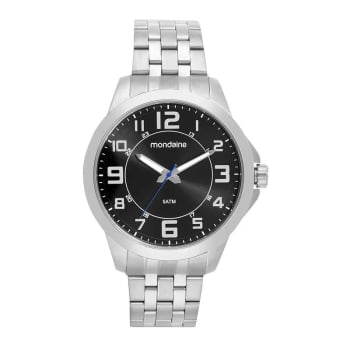 Relógio Mondaine Masculino Prateado Mostrador Preto com Numeração Completa Á prova D'água 99689G0MVNE1