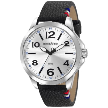 Relógio Mondaine Masculino Prateado Pulseira em Couro Preta Á Prova D'água 99411G0MVNH2