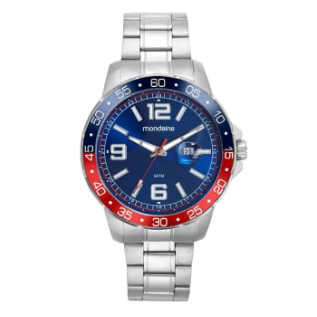 Relógio Mondaine Masculino Prateado Visor Azul com Calendário e Taquímetro Á Prova d'água 99733G0MVNE2 