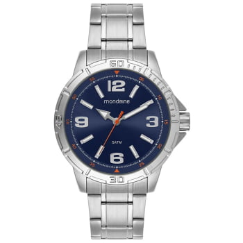 Relógio Mondaine Masculino Prateado Visor Azul com detalhes Laranja Á prova D'água 99746G0MVNE1 