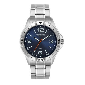 Relógio Mondaine Masculino Prateado Visor Azul com Marcadores Grandes e Taquímetro Á Prova d'água 99779G0MVNE1
