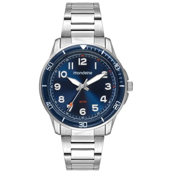 Relógio Mondaine Masculino Prateado Visor Azul com Numeração Completa Á Prova d'água 33028G0MVNE2