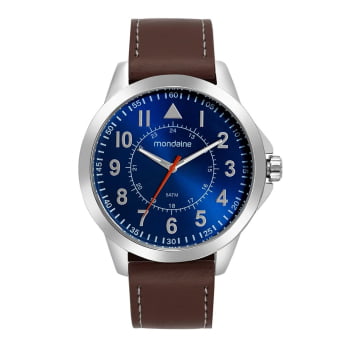 Relógio Mondaine Masculino Prateado Visor Azul com Numeração completa Pulseira em Couro Marrom Á Prova D'água 99744G0MVNH1