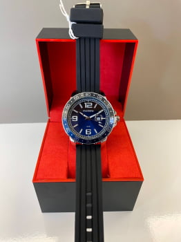 Relógio Mondaine Masculino Prateado Visor Azul com Taquímetro e Calendário Pulseira em Silicone Á Prova d'água 99733G0MVNI1