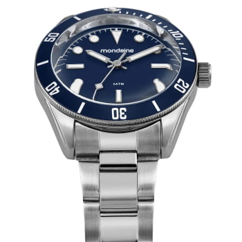 Relógio Mondaine Masculino Prateado Visor Azul com Vidro Dome Á Prova d'água 33038G0MVNE2