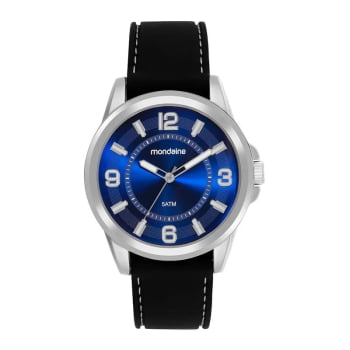 Relógio Mondaine Masculino Prateado Visor Azul Pulseira em Silicone Preta Á Prova d'água 83524G0MVNI3