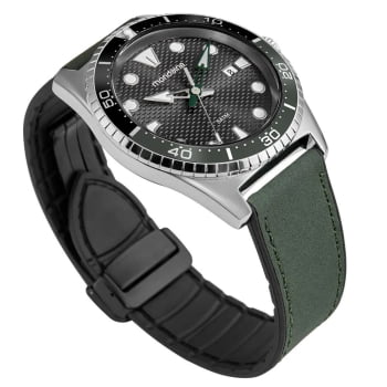 Relógio Mondaine Masculino Prateado Visor Grafite Texturizado Com Calendário e Números Geométricos Taquímetro Pulseira em Couro Verde Militar Com Fecho de Imã Á Prova d'água 32886G0MVNH2