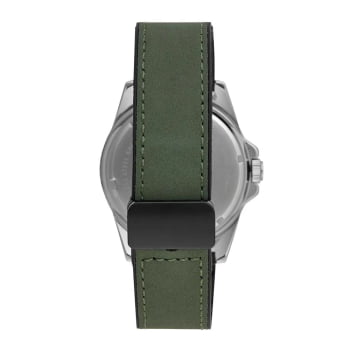 Relógio Mondaine Masculino Prateado Visor Grafite Texturizado Com Calendário e Números Geométricos Taquímetro Pulseira em Couro Verde Militar Com Fecho de Imã Á Prova d'água 32886G0MVNH2