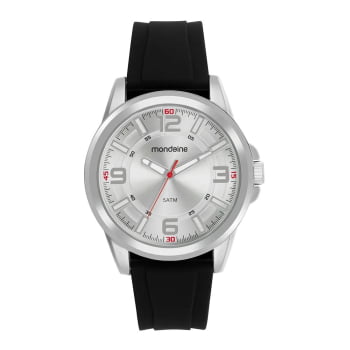 Relógio Mondaine Masculino Prateado Visor Branco Pulseira em Silicone Preta Á Prova d'água 83521G0MVNI2