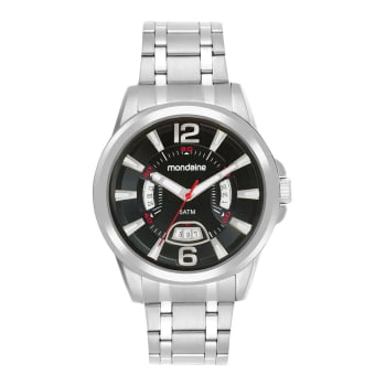 Relógio Mondaine Masculino Prateado Visor Preto Com Calendário Á Prova d´água 83522G0MVNE2