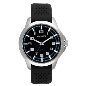 Relógio Mondaine Masculino Prateado Visor Preto com Detalhe Azul Numeração Completa Pulseira em Silicone á Prova d'água 99677G0MVNI1